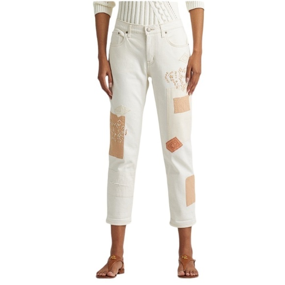 RALPH LAUREN Tapered Patchwork Beaded Mid Rise Relaxed Jeans Size 16 NEW $195 - Picture 1 of 16